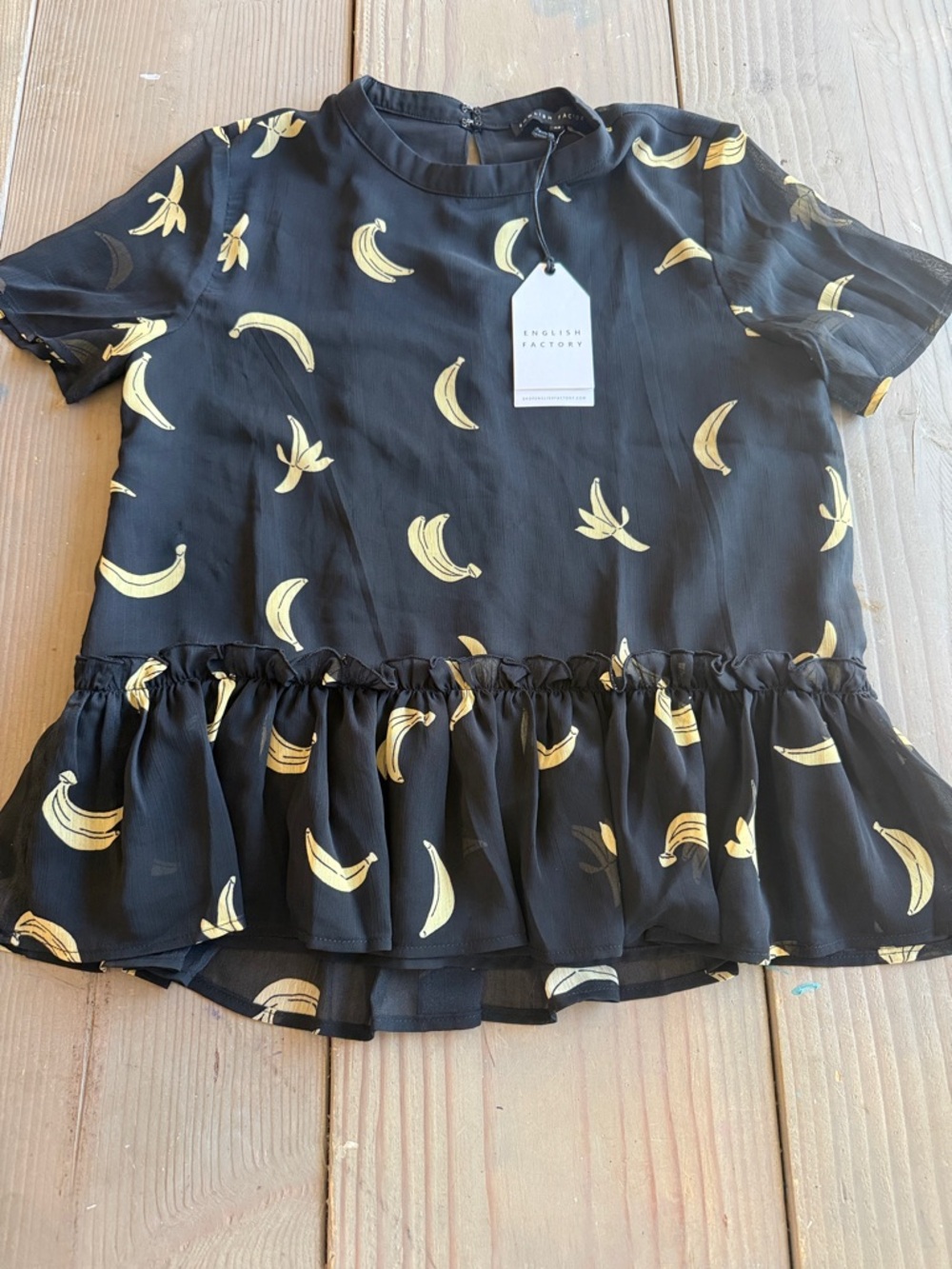 English Factory Black Banana Print Ruffle-Hem Blouse